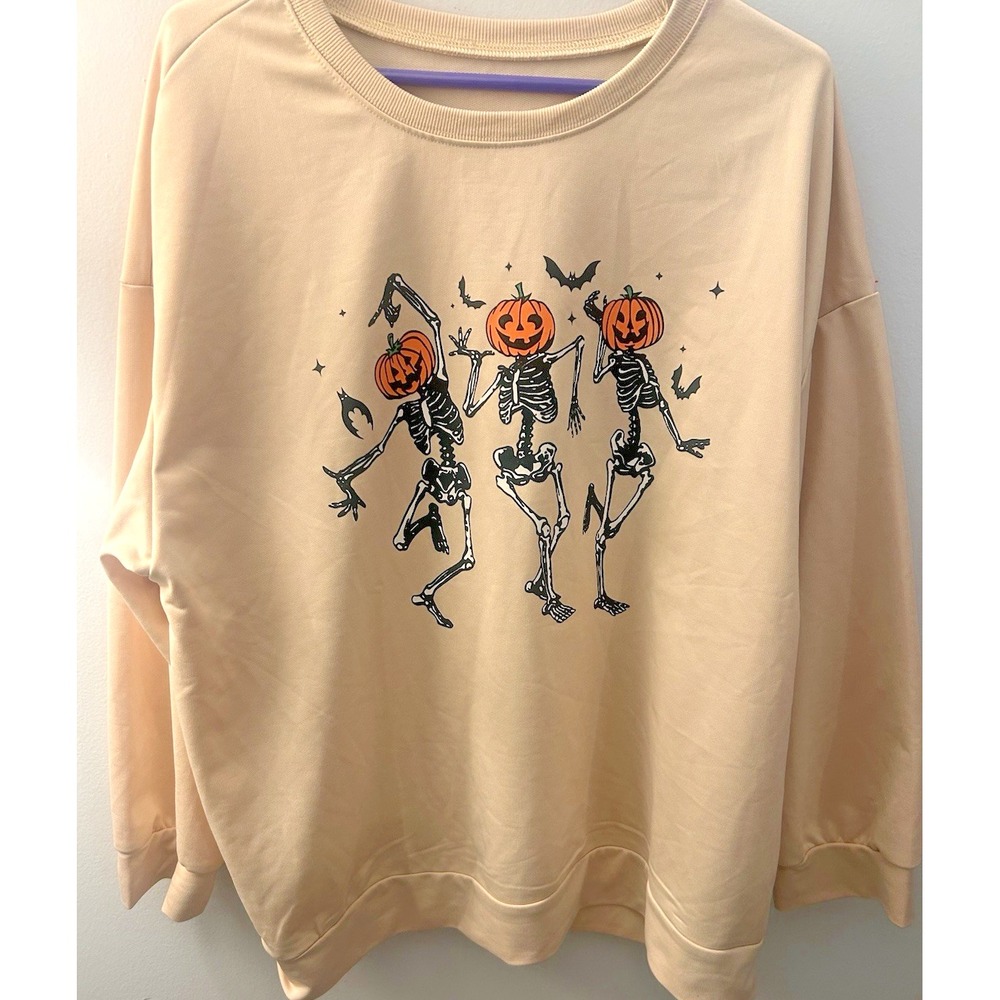 Women's 2XL Beige Long Sleeve Top W/Pumpkin Head Skeleton Print Halloween Bats